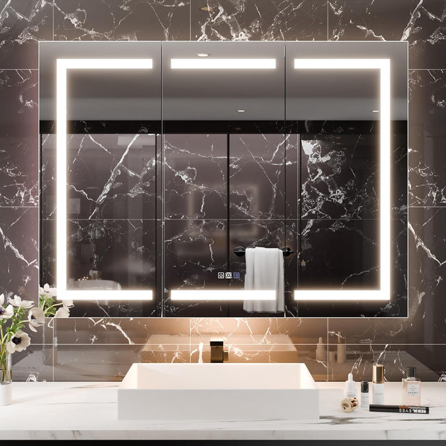 LED Medicine Cabinet with Triple Door, Anti-Fog Mirror, Dimmable Lighting & Built-In Outlets 48" x 36"