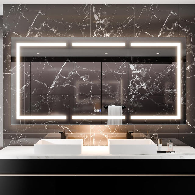 LED Medicine Cabinet with Triple Door, Anti-Fog Mirror, Dimmable Lighting & Built-In Outlets 76" x 36"
