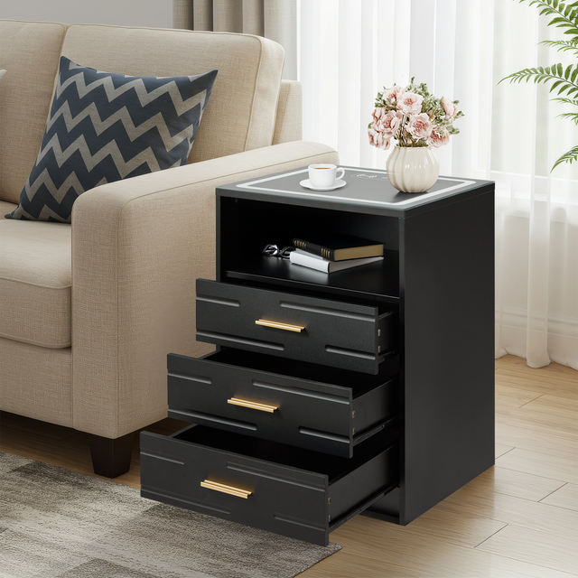 HOMREST 2 PCS  LED Nightstand with Wireless Charging, Smart Bedside Table with Drawers & Adjustable LED Lights, Black