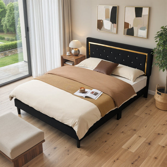 OVIOS Modern Upholstered Platform Bed Frame with Headboard No Box Spring Needed Easy Assembly Noise Free
