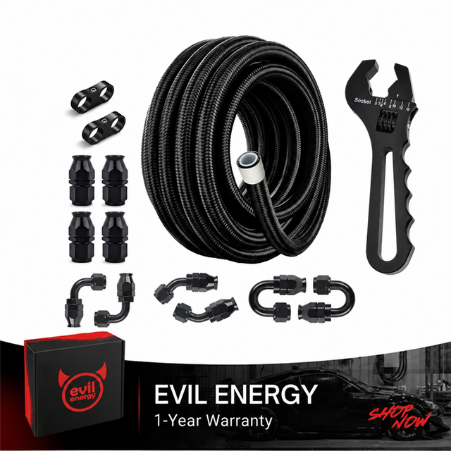 EVIL ENERGY 4/6/8/10AN PTFE Fuel Line Kit | E85 Nylon Braided Hose | 20FT Black Black with Wrench