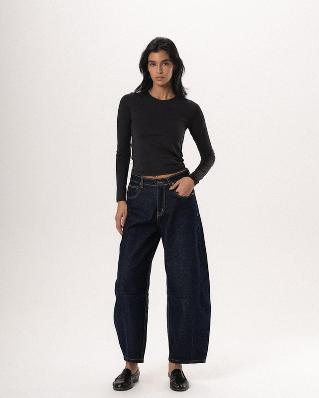 Female Navy Washed Barrel Fit Jeans