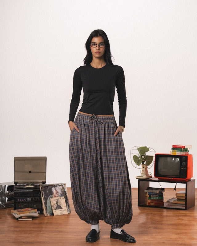 Brown Plaid Balloon Pants