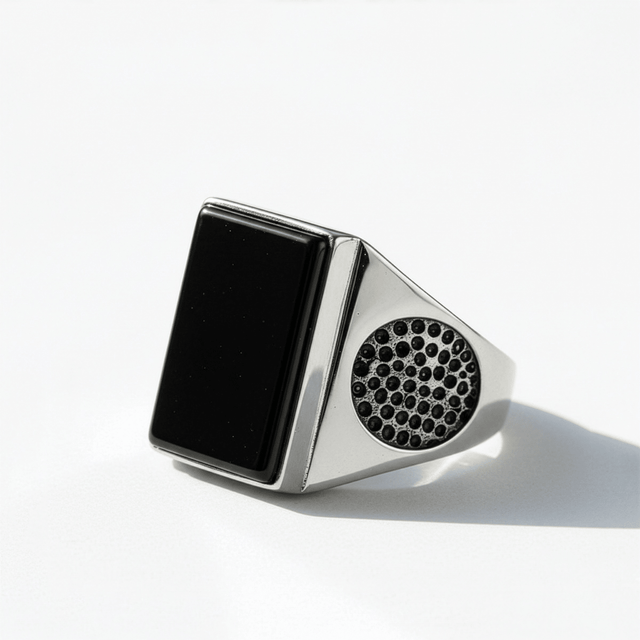 Men's Large Black Onyx Stone Ring in Solid Silver Band