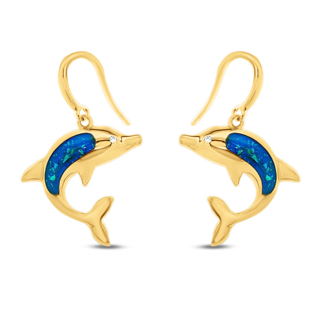 Gold plated sterling silver dolphin earrings with inlaid iridescent blue