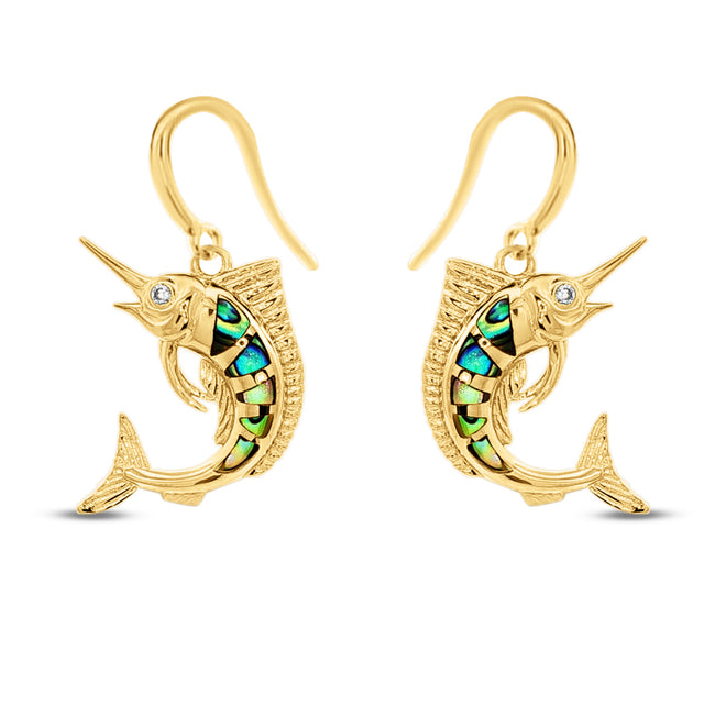 Gold plated sterling silver marlin earrings with iridescent inlay