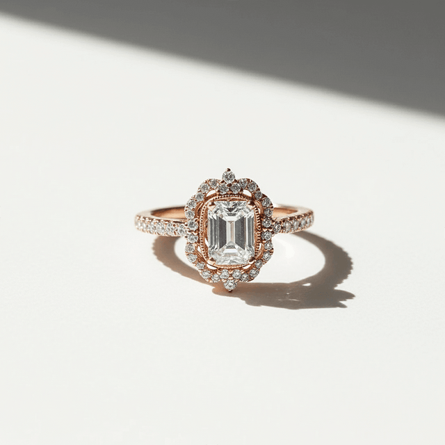 Vintage Style Baguette CZ Halo Ring Gold Over Silver