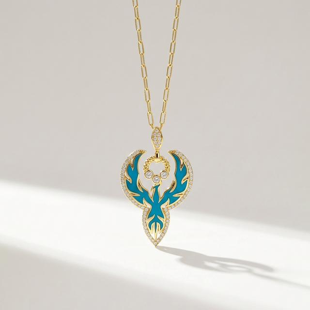 Gold Necklace with Enamel Phoenix Pendant