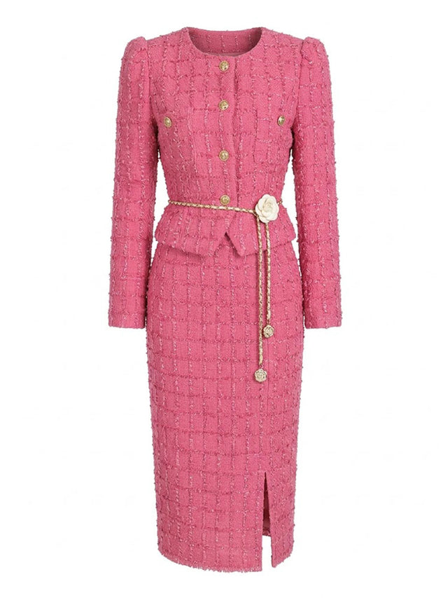 Vintage Pink Tweed Pencil Skirt Suit Dress with Rose Belt