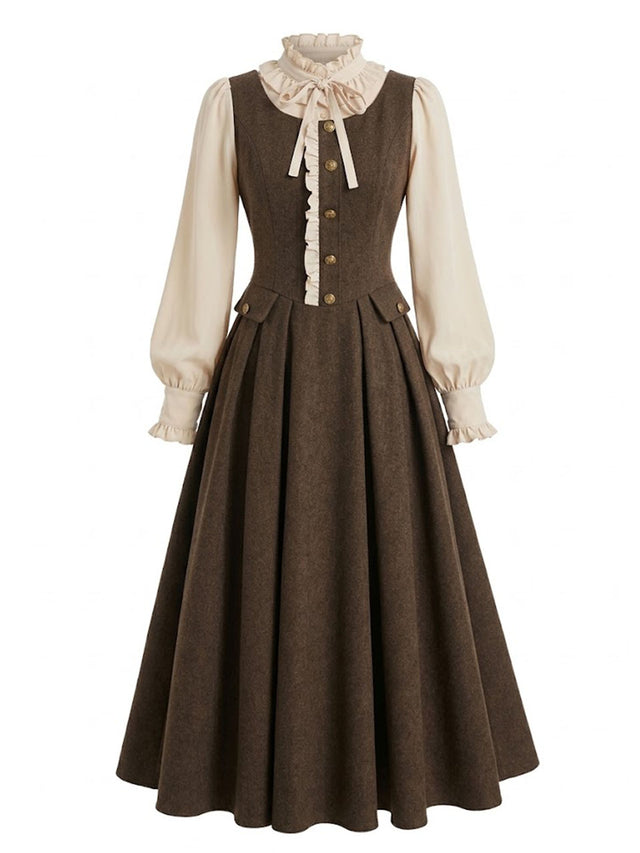 Vintage Brown Victorian-Inspired Ruffle Midi Dress