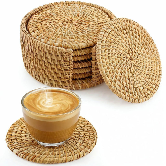 Handmade Natural Rattan Coaster Set (6 Piece + Holder) • Natural Honey
