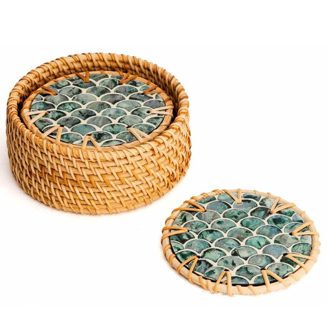 Handmade Natural Rattan & Mother of Pearl Coaster Set (6 Piece + Holder) • Cascade