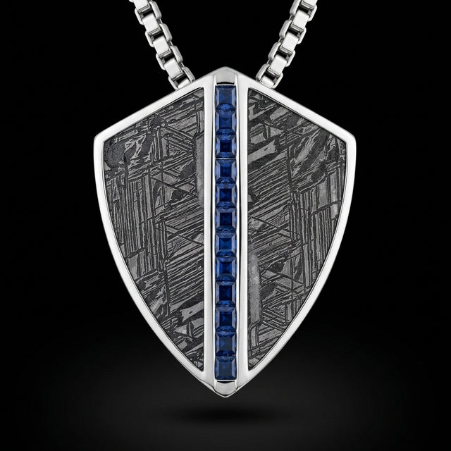 Cosmic Shield — Men's Meteorite & Sapphire Pendant