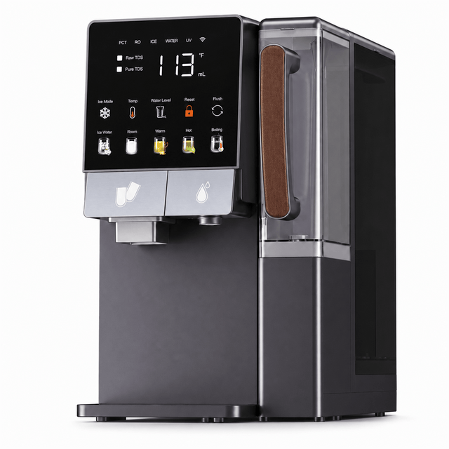 Countertop Water Dispenser with Ice Maker, All-in-1 Instant Hot & Cold Water Purifier Combo with Sr-Enriched Mineral Filtration, 8-Min Fast Bullet Ice Maker, Fu