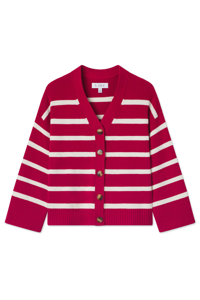 Nora Cardigan in Ivory Crimson Inverse Stripe