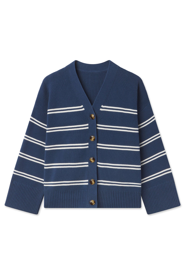 Nora Cotton Cardigan in Navy Ivory Stripe