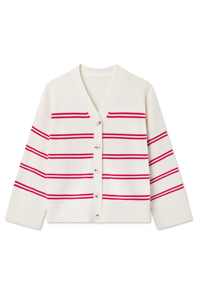Nora Cotton Cardigan in Ivory Red Stripe