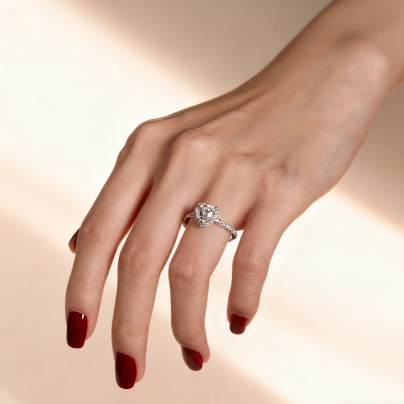 Heart Moissanite Halo Promise Ring with Pave Band
