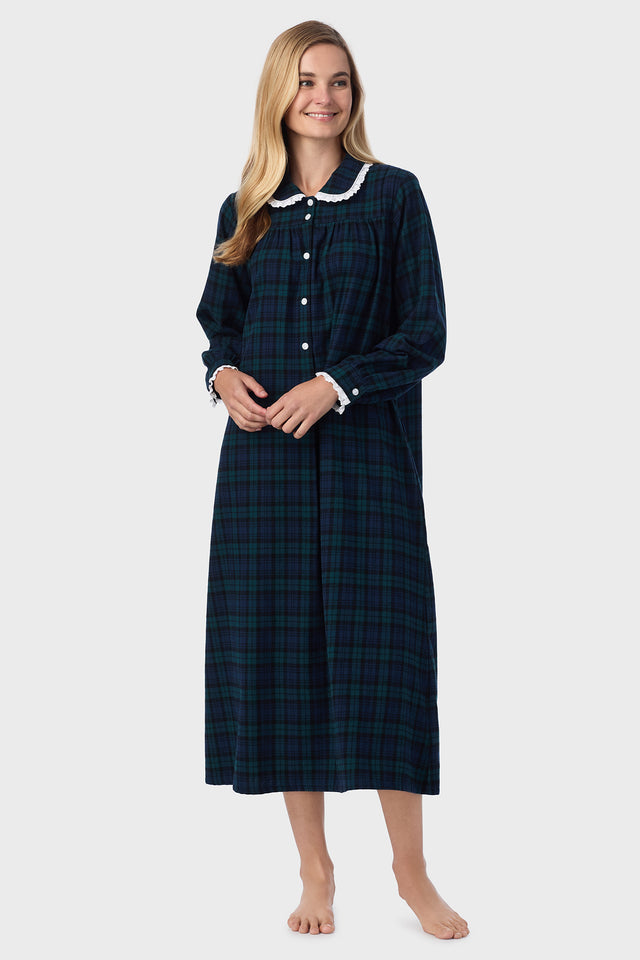 Women's Black Watch Plaid 100% Cotton Brushed Flannel Peter Pan Collar Long Sleeve Nightgown
