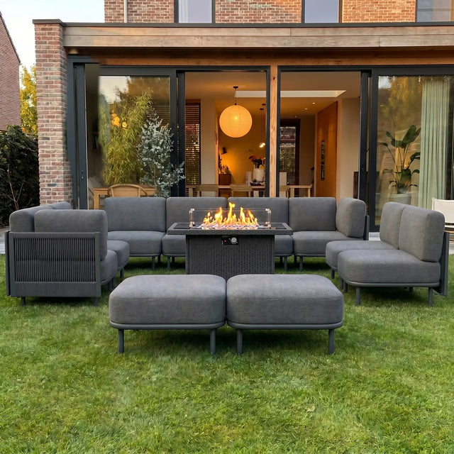 LayinSun 11-Piece Woven Rope Outdoor Modular Sectional Sofa Set with Fire Pit Table