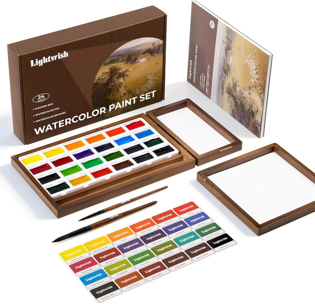 24 Colors Semi-Moist Watercolor Paint Box Set with Cotton Paper & Brushes