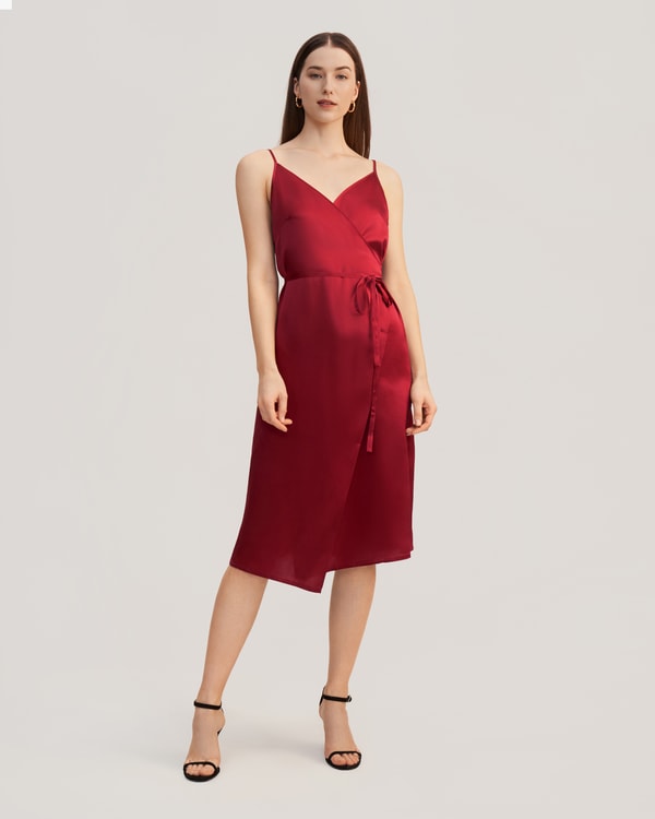  V Neck Tie Waist Silk Evening Dress