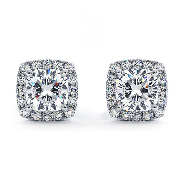 1.50ctw Cushion Cut Pave Halo Diamond Studs Earrings 14k White Gold