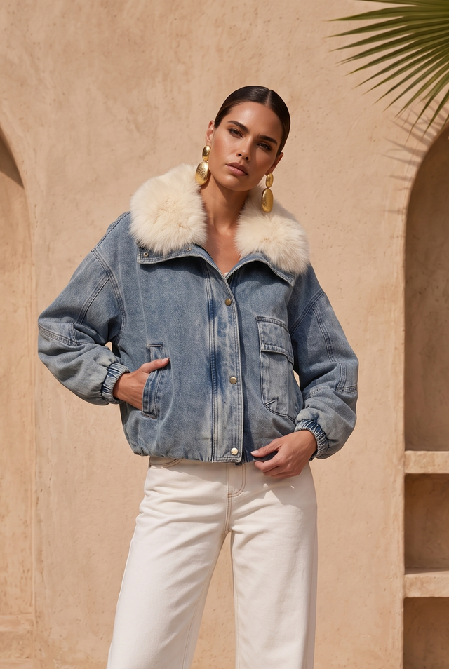 The Cold Shoulder Denim Goose Down Jacket in Blue