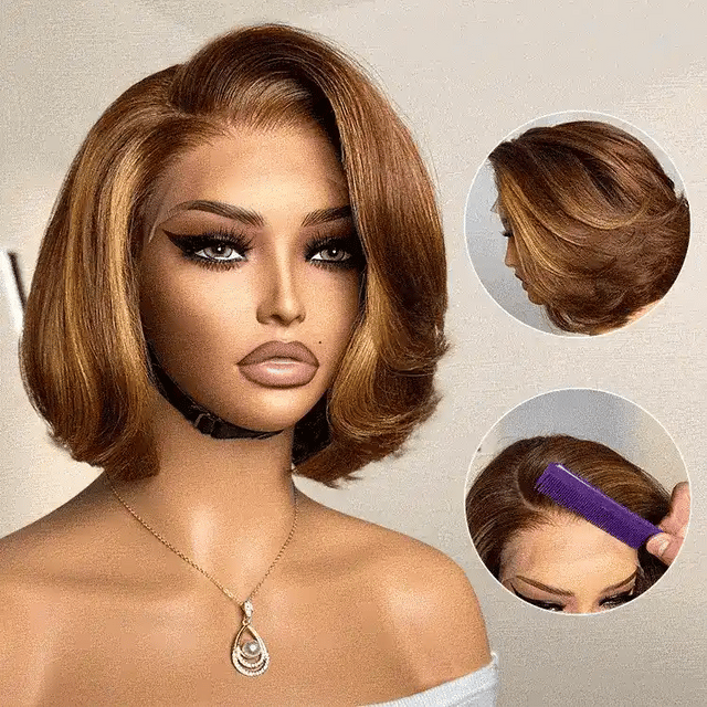 New Customers Only | Limited Design | Toffee Brown Mix Blonde / Natural Black Layered Cut Glueless 5x5 Closure Lace Bob Wig