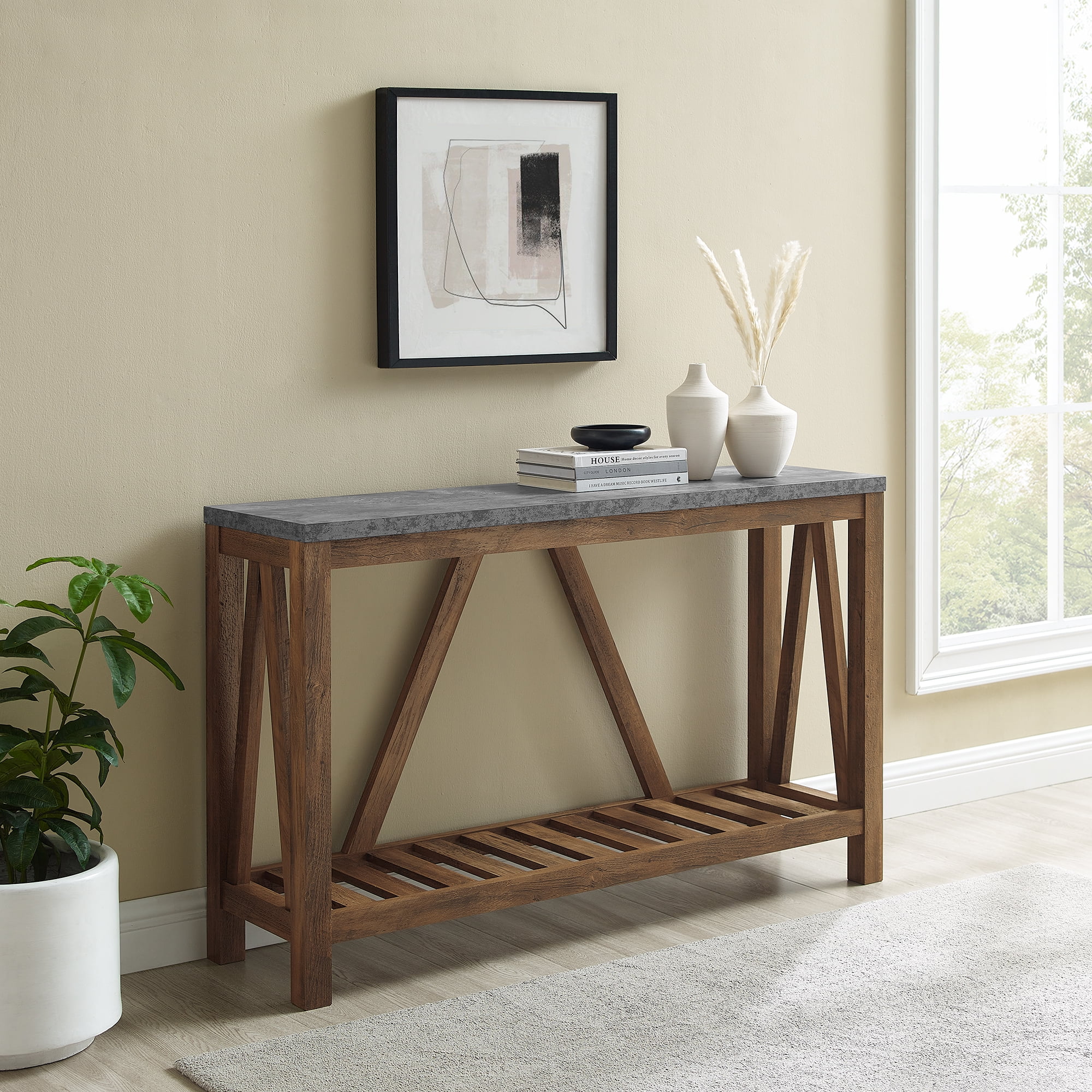Manor Park Modern Farmhouse Entryway Table, Dark Concrete/Rustic Oak