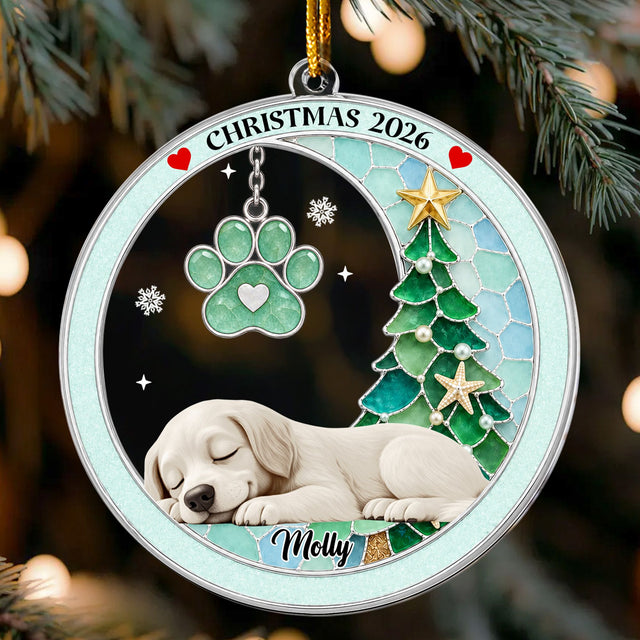Custom Pet Name Christmas Memorial Ornament, Pet Loss Remembrance Gift, Sea Glass 3D Effect Paw Print - Personalized Ornament