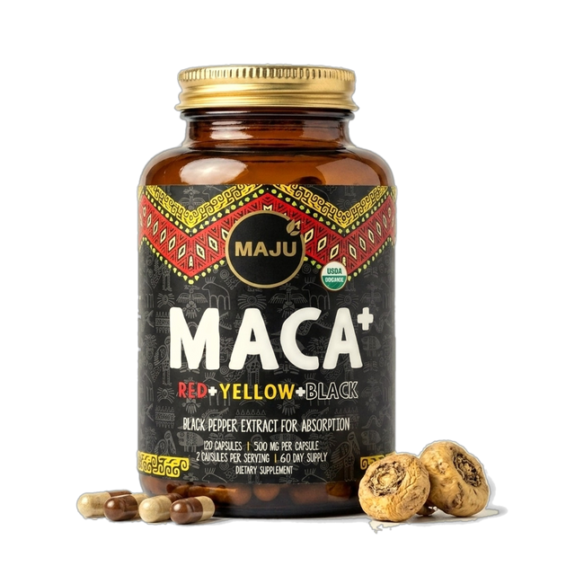 Organic Maca Capsules 120ct — MAJU Red, Yellow & Black Root + Black Pepper