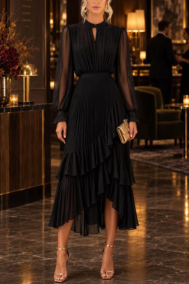 Margovil Mock Neck Sheer Sleeve Pleated Ruffle High-Low Midi Dress (E)