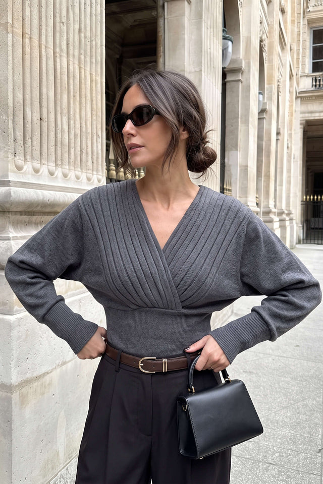 Knit V-Neck Ribbed Long-Sleeve Top