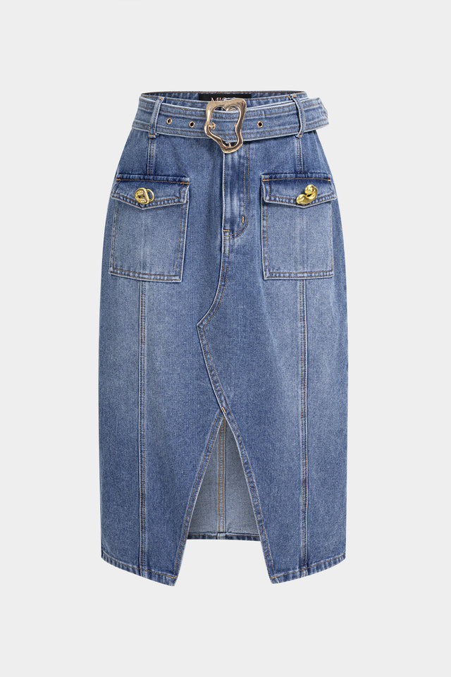 Denim Belted Pocket Metallic Slit Skirt