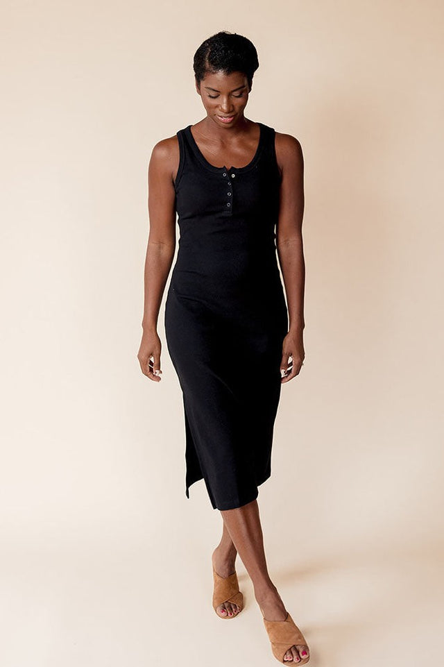 Organic Cotton Rib Knit Tank Midi Dress in Black - FINAL SALE