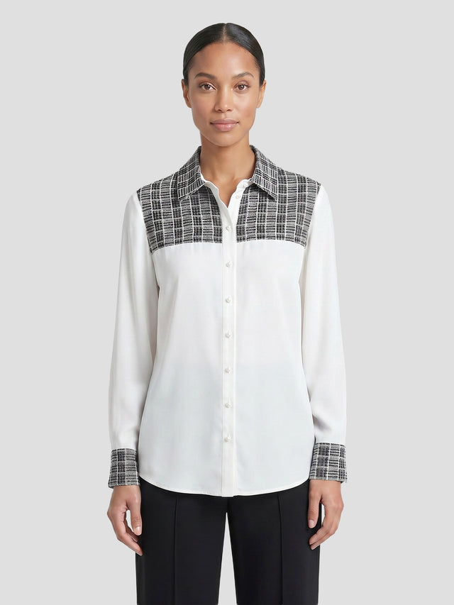 Mixed Media Plaid Crepe de Chine Blouse