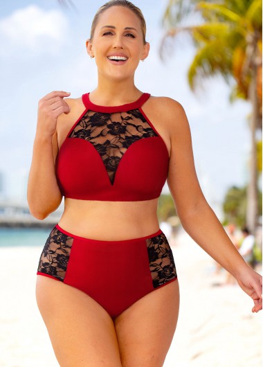 Plus Size Lace Stitching High Waisted Bikini Set