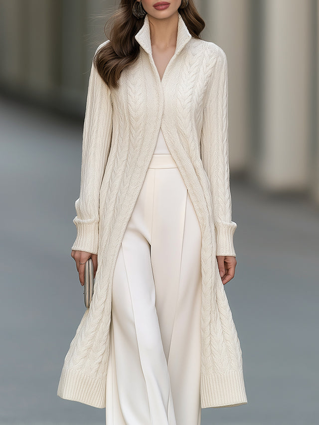 Cable Knit Shawl Collar Long Cardigan Coat