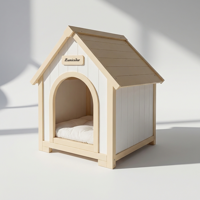 Modern Wooden Dog & Cat House with EVA Cushion - Cream & Yellow