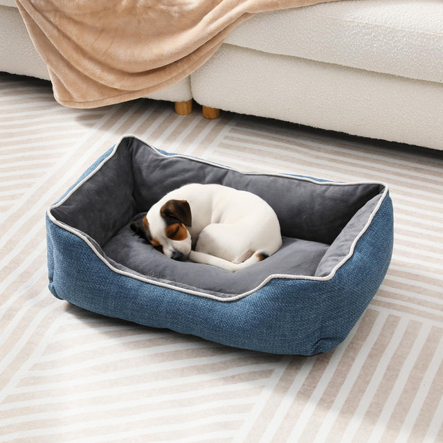 Small Plush Dog & Cat Bed with Washable Cover - Blue