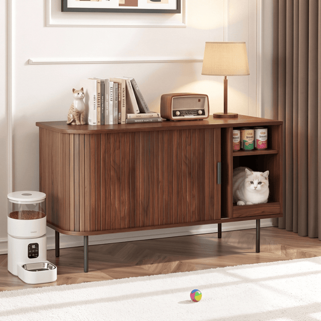 Naipo 37.4" Cat Litter Box Enclosure with Tambour Door,Litter Box Cabinet Furniture with Storage Shelf,Mat & Waterproof Liner,Mid-Century Brown