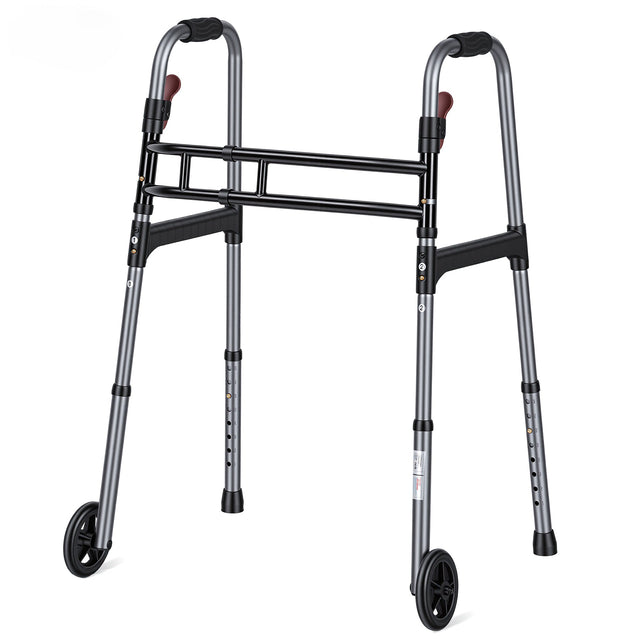 Naipo Compact Folding Walker for Seniors,3-in-1 Lightweight Sturdy Double-bar Crossbar Walker with Wheels for Adults, Adjustable Height & Width, Supports 300 lb