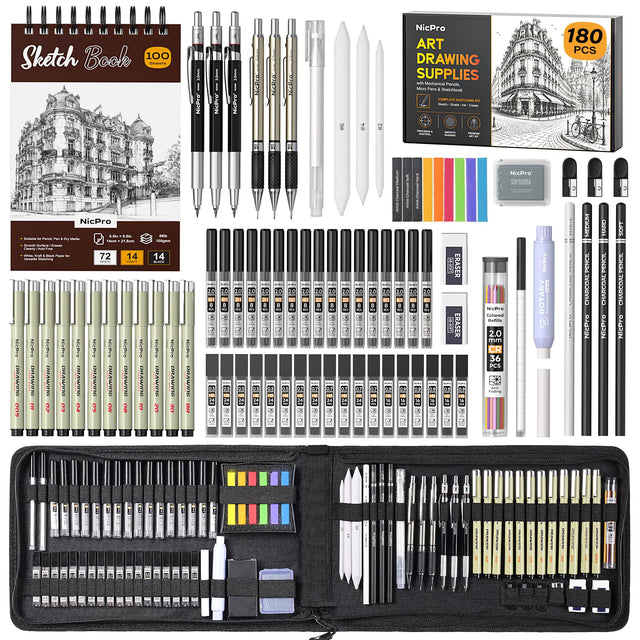 Nicpro 6PCS Art Mechanical Pencil Set, 4 PCS Metal Drafting Pencil 0.3mm & 0.5 mm & 0.7 mm & 0.9 mm & 2 PCS 2mm Lead Holder (2B HB 2H) For Sketching Drawing Wit
