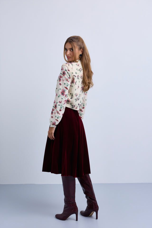 Wide Pleat Velvet Skirt - Burgundy