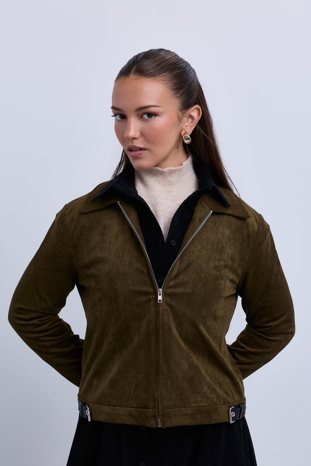 Suede Zip Up Collared Jacket with Gathered Waistband and Side Leather Buckles - Green