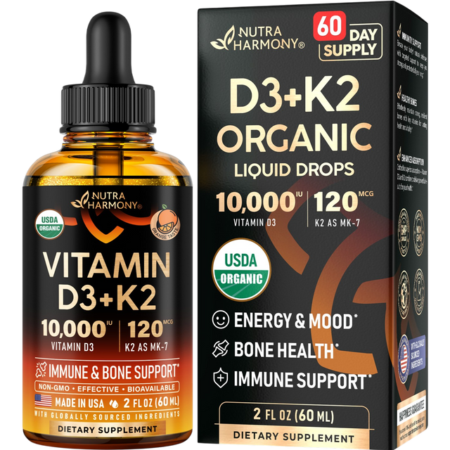USDA Organic D3 10,000 IU & K2 120 mcg | Immunity & Bone Support Liquid Drops