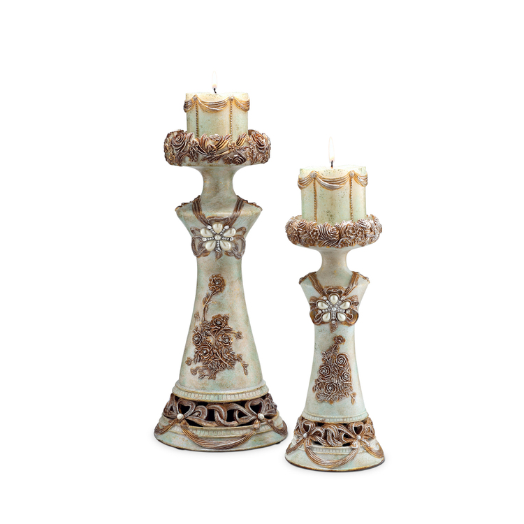 ORE International Vintage Rose 2-in-1 Candle Holders Set - 11.75/15.5"H Decorative Polyresin Holders