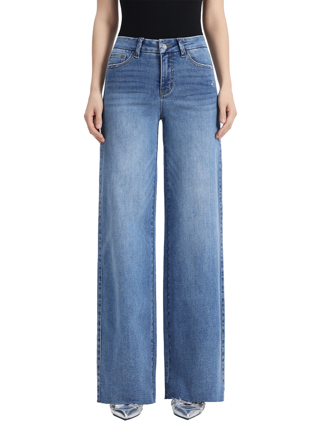 ONESO Stretchy Wide Leg BBL Baggy Jeans Mid-Low Waist Distressed Raw Hem Denim Pants