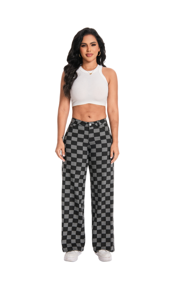 ONESO Women's BBL Jeans Checkered Print Mid Rise Straight Leg High Stretch Denim Pants